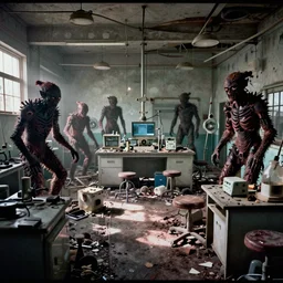 eerie surveillance footage of a cluttered abandoned laboratory with strange humanoid cryptic monsters, film grain, chromatic aberration