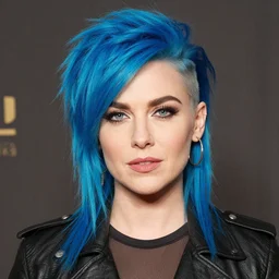 promotional image of kiernan shipka as a british punk rocker in a new movie, blue dyed hair, leather clothes, heavy makeup, detailed face, movie still frame, promotional image, imax 70 mm footage