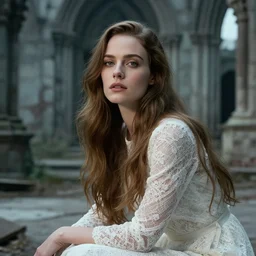 cinestill 5 0 d photo portrait of a dreamy beautiful woman britt marling 3 / 4 sitting in a dystopian abandoned gothic ruins by kubrik, long hair, wearing white lace, 8 k, elegant, highly detailed, cinematic colors rendering, soft blur, artstation, sharp focus, head in focus,