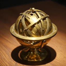 a dramatically lit photo of an ancient, powerful brass and gold artifact round ball spherical astrolabe artifact sitting on a wooden table. the intricate, metal lace, detailed ball is covered in dials and ancient egyptian markings, with two arrows, glowing from within, filled with gears glimpsed inside, with a star - chart