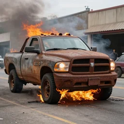 photograph of a rusty dodge ram on fire in the street