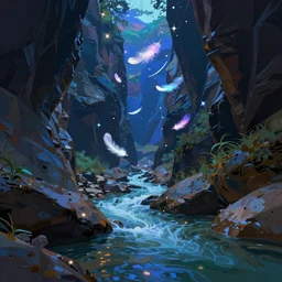 concept art by jama jurabaev, cel shaded, cinematic shot, trending on artstation, high quality, brush stroke, vibrant colors, at night, the mysterious canyon stream, with shining feathers floating in the air, is extremely beautiful