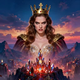 the crowned king!!! looking mad with anger in his eyes, looking down on the city of blood and prisms from above the mountain, night skies, dramatic light, hyperrealistic, colorful skies, digital art, studio portrait absurdly beautiful, elegant, graceful, alena aenami, leonid afremov, wayne barlowe
