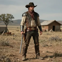 full body character portrait of a gunslinger / knight in the style of wild west art trending on artstation deviantart pinterest photorealistic hd 8 k highlights and shadow detailed high resolution hd 8 k