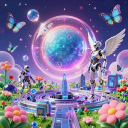 3 d render of cyber landscape with orbs and cyborgs with angel wings against a psychedelic surreal background with 3 d butterflies and 3 d flowers n the style of 1 9 9 0's cg graphics 3 d rendered y 2 k aesthetic by ichiro tanida, 3 do magazine, wide shot