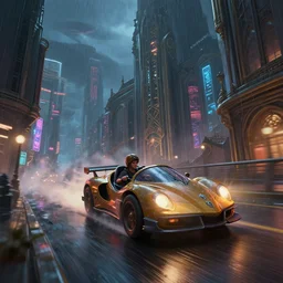 a hover car speed chase down a brutalism looking city, dim neon lights, lens flare, scale, night life, heavy rain, deep focus, d & d, fantasy, intricate, elegant, highly detailed, digital painting, artstation, concept art, matte, sharp focus, illustration, hearthstone, art by artgerm and greg rutkowski and alphonse mucha