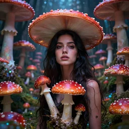 ultra high resolution mid body portrait of a beautiful dark haired, young woman standing in a colourful glittery maze of amanita muscaria : : low angle shoot, looking up at the camera. her face is partially obscured by mushrooms, and she has a pensive expression. the light is mysterious. inematic, epic, 8 k, 4 k, ultra detail, ultra realistic, rendered