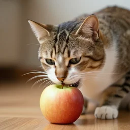 a cat eating an apple