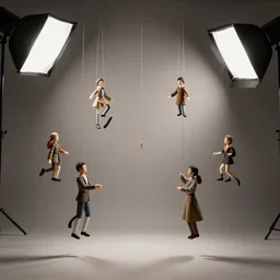 marionettes, dynamic composition, studio lighting, random wall or scenery background