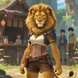 beautiful portrait of a female anthropomorphic lion fursona wearing fantasy adventurer's clothes outside a fantasy tavern. character design by charlie bowater, ross tran, artgerm, and makoto shinkai, detailed, soft lighting, rendered in octane