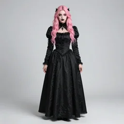 [ [ vampiric ]! woman with pink hair and goth makeup! ]! posing in a [ medieval black dress ]!, standing in front of a [ blurred background ], trending on [ artstation ], digital art, fred arsenault, 4 k, contest winner, award winning, zbrush!!, 3 d render!, golden ratio!
