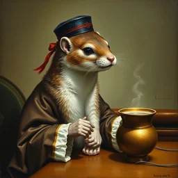 baroque oil painting dressed weasel, drinking chinese tea trending pixiv fanbox, by greg rutkowski makoto shinkai takashi takeuchi studio ghibli jamie wyeth wlop