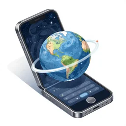 illustration of a mobile phone with a planet inside the screen going out of it, in 4 d, detailed and intricate forty five degree isometric cross, by studio muti and malika favre, victo ngai