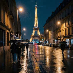 night time view of paris street, rainswept streets, people with umbrellas, street lights, spot illumination, synthwave