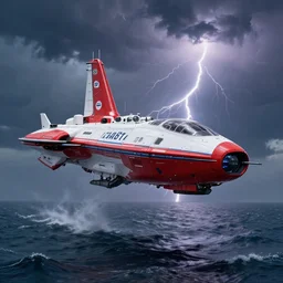 red and white cyberpunk coastguard spacecraft hovers over tumultuous ocean. lightning storm. concept art. trending on artstation, 8 k hd, detailed, intricate, atmospheric, masterpiece, ambient lighting.