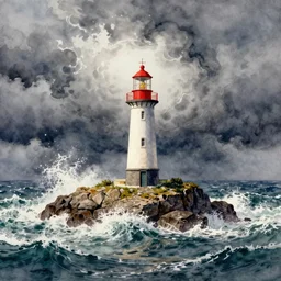 a watercolor painting of a single lighthouse in a small rocky island during a violent storm by craig mullins, high quality, highly detailed, digital painting, masterpiece, turbulent sea, dramatic lighting, cinematic, centered, watercolor, william turner style, 4 k