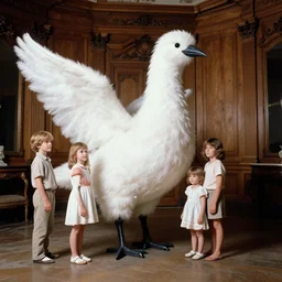 realistic documentary photo of the family morphing into a big white fluffy hairy bird, in the wooden and fancy expensive wooden room interior, neutral colors, 1 9 9 0, life magazine reportage photo