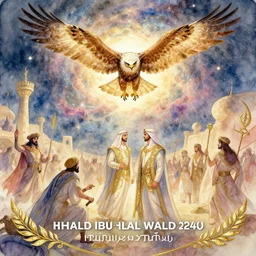 khalid ibn al walid in battle, there is a hawk in the sky surrounded by nebula, highly detailed, gold filigree, romantic storybook fantasy, soft cinematic lighting, award, disney concept art watercolor illustration by mandy jurgens and alphonse mucha and alena aenami, pastel color palette, featured on artstation
