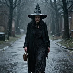 really old witch, walking through heavy rain, melancholic, sad, lots of raindrops, detailed, cinematic, dramatic lighting, by laszlo moholy - nagy