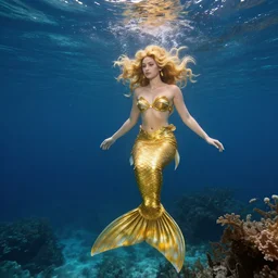 golden-coated mermaid underwater photograph