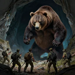 picture of a violent bipedal grizzly bear monster looking down at a group of poachers near a cave, art by ismail inceoglu and filip hodas. matte painting, chiaroscuro, vaporwave style, artistic render