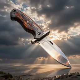tactical knife, glow, reflection, wide angle, iron wood handle