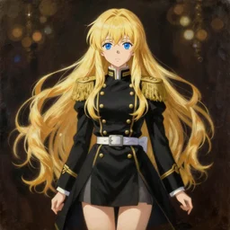 baroque oil painting full body illustration character concept art, anime key visual portrait of young female maid military noble black uniform propaganda, long flowing blonde hair blue eyes, symmetrical perfect face fine detail delicate features quiet gaze, gapmoe kuudere lotr bokeh, trending on pixiv fanbox, painted by greg rutkowski makoto shinkai takashi takeuchi studio ghibli