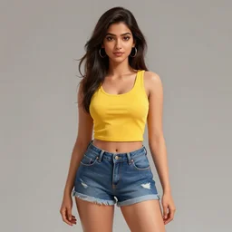 young hyderabadi american woman wearing denim short shorts and yellow tank top, highly detailed, artgerm style, artstation, soft light, sharp focus, illustration, character design, concept art