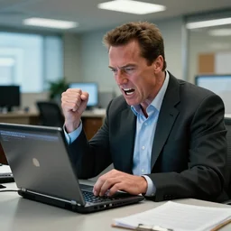 arnold schwarzenegger as conan the barbarian, in an office, inside an office building, sitting at a desk, angrily shouting at a laptop computer, laptop trouble, technical difficulties, software error, crisp lighting, studio lighting