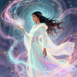 side portrait, maya ali, wind sorcerer, fantasy robe, gloomhaven, luminescent, colorful swirly magic ripples, pastel colors, by greg manchess, huang guangjian, gil elvgren, sachin teng, greg rutkowski, jesper ejsing, ilya kuvshinov