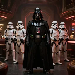 Darth vader and stormtroopers standing in a cantina in Mos Eisley, octane, hd, 8k, rich deep moody colors, dramatic lighting