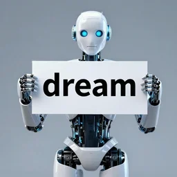 realistic high quality photo of artificial intelligence robot holding a sign with text that reads : dream