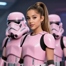 A hyper realistic photo of Ariana Grande in the Star Wars universe with two pink lightsabers held in each hand. Maximum detail on artstation, photo realism, vivd details, vivd colour