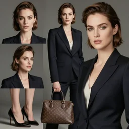 collage, high heels, expensive handbag, hair styled, expensive business suit, invisible woman, photorealistic, layered