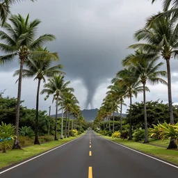 a road in hawai with palm trees on the sides and tornado in the background