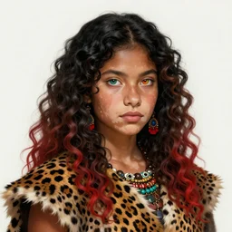 portrait of a beautiful young aztec girl with vitiligo, jaguar fur cloths, different colored eyes, curly black and brown hairs, by greg rutkowski and alphonse mucha, d & d character, gradientblack to red, highly detailed portrait, digital painting, artstation, concept art, smooth, sharp focus ilustration, artstation hq