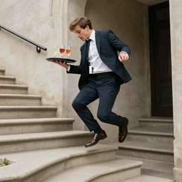 man in a suit falling down stairs with a tray of drinks