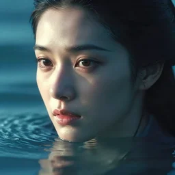 an ultra realistic, cinematic, fantasy, portrait, of a beautiful woman, face in water, dramatic, soft light, dreamy, facial features, in the ocean, detailed, deep focus, movie still, dramatic lighting, ray tracing, by michal karcz and yoshitaka amano
