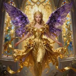 breathtaking detailed soft painting of a fairy princess with amethyst wings and golden ribbons in gondor, golden rose dress floating around, detailed symmetrical facial features, by Ayami kojima, loputyn and matcha, hyper detailed gold stained glass windows, volumetric lighting, concept art, matte, sharp focus, rembrandt style
