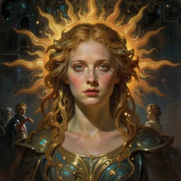 stunning, breathtaking, awe-inspiring award-winning concept art nouveau painting of attractive Tilda Swinton as the goddess of the sun, with anxious, piercing eyes, by Alphonse Mucha, Michael Whelan, William Adolphe Bouguereau, John Williams Waterhouse, and Donato Giancola, cyberpunk, extremely moody lighting, glowing light and shadow, atmospheric, cinematic, Octane render, 8K
