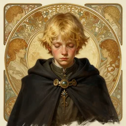 portrait of a halfling boy, tired, blonde hair, wearing a dark cloak, intricate, elegant, highly detailed, my rendition, digital painting, artstation, concept art, smooth, sharp focus, illustration, art by artgerm, greg rutkowski and alphonse mucha and uang guangjian and gil elvgren and sachin teng and wlop, symmetry