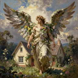 a majestic male angel with large wings covered in plants and flowers standing in front of a beautiful cottage, an oil painting by ross tran and thomas kincade