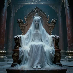 a ghostly vampire queen sitting on a wooden throne in the abandoned buddhist temple, omnious, eerie, magnificent, wow, intricate, analog photo, by nicola samori, by ryoji ikeda
