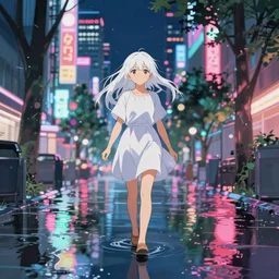 white haired girl walking in flooded tokyo at night, neon lights lots of trees, cinematic, vibrant colors anime illustration by studio ghibli