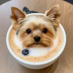 a beautiful coffee foam of a very cute yorkshire terrier.
