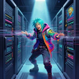 a hacker with turquoise hair in vast cyberspace glitching through a vulnerable server, futuristic clothes, vibrant colors, rule of thirds, spotlight, drips of paint, expressive, passionate, by greg rutkowski, by jeremy mann, by francoise nielly, by van gogh, digital painting