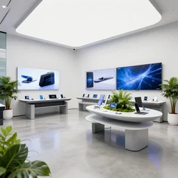 hyperdetailed pop art samsung store, polished concrete, white walls, digital screens, curved furniture, lush plants.