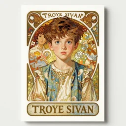 cute troye sivan trading card design, natural lighting, path traced, highly detailed, high quality, digital painting, by don bluth and ross tran and studio ghibli and alphonse mucha, artgerm