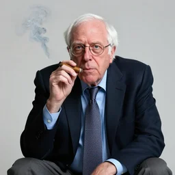 studio portrait of Bernie Sanders sitting and smoking Cuban cigar