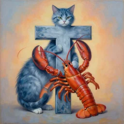 painting of cross between cat & lobster, intercrossed animal, by arne olav gurvin fredriksen, by tiffany bozic, by zdzislaw beksinski, by corine perier, by ronald ong, amazing details, cold hue's, warm tone gradient background, concept art, beautiful composition